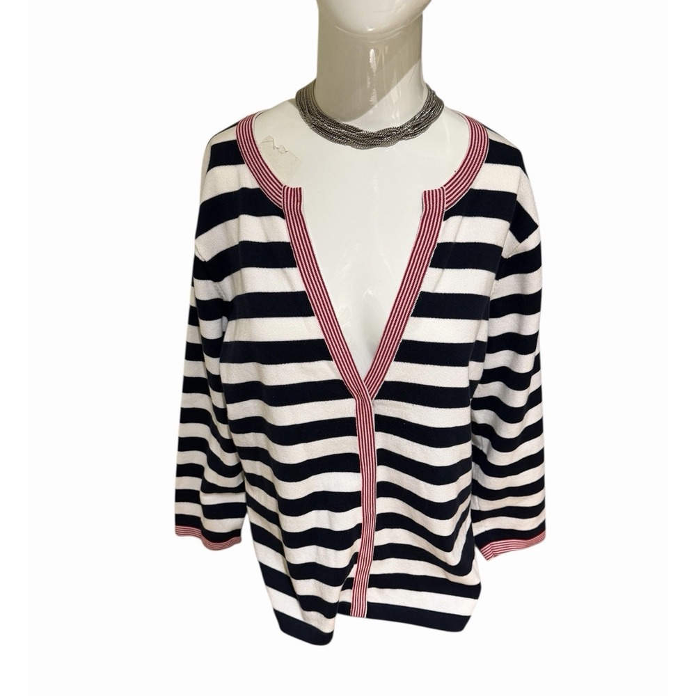 Vtg Talbots Nautical Striped Blue&White Red Cardigan Snap Made In Hong Kong Sz L